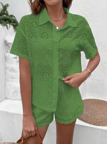 SHEIN VCAY 網眼刺繡落肩袖襯衫和短褲 - 綠色 - 查看 3