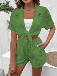 SHEIN VCAY 網眼刺繡落肩袖襯衫和短褲 - 綠色 - 查看 5