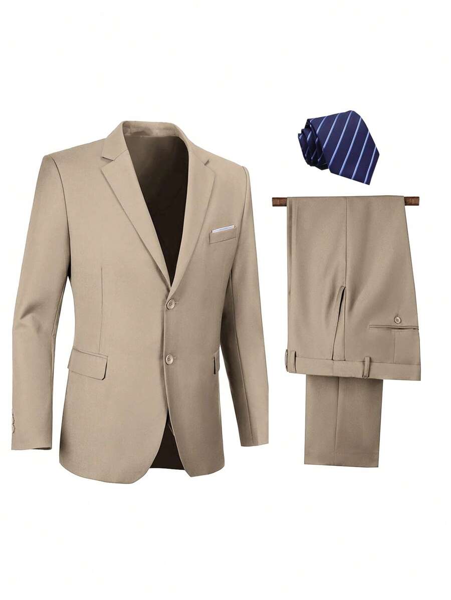 Furuyal Men Single Breasted Blazer & Pants & Tie - Champagne - View 1