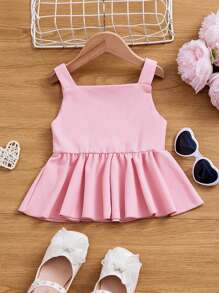 SHEIN Top de punto sin mangas con lazo decorativo y pliegues, de unicolor y tirantes anchos, para niña - Rosa Pálido - Ver 2