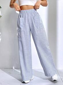SHEIN EZwear Striped Print Wide Leg Trousers - Blue - View 3