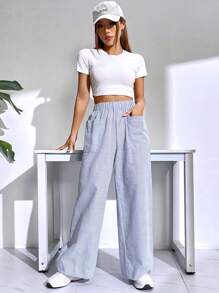 SHEIN EZwear Striped Print Wide Leg Trousers - Blue - View 4