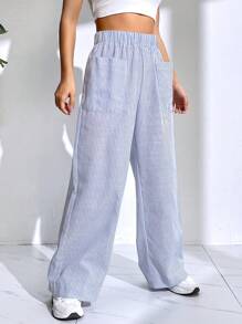 SHEIN EZwear Striped Print Wide Leg Trousers - Blue - View 6
