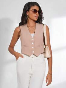 SHEIN Privé 前紐扣馬甲 - 卡其色 - 查看 5