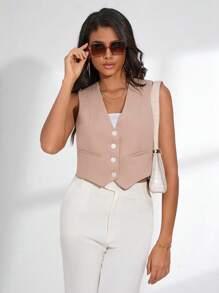 SHEIN Privé 前紐扣馬甲 - 卡其色 - 查看 4