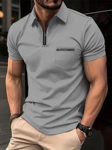 Hombres Camisa polo con cremallera cuarta - Gris Claro - Ver 1