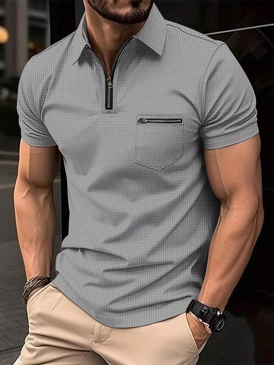 Hombres Camisa polo con cremallera cuarta - Gris Claro - Ver 1