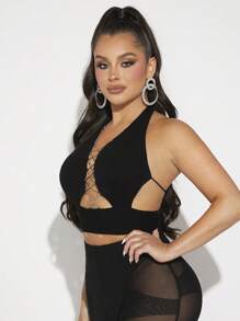 SHEIN SXY Lace Up Front Cut Out Halter Top - Black - View 4