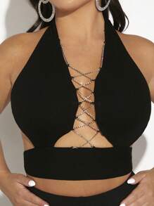 SHEIN SXY Lace Up Front Cut Out Halter Top - Black - View 5
