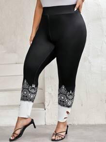 SHEIN LUNE Plus Floral Print Cut Out Leggings