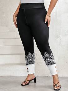 SHEIN LUNE Plus Floral Print Cut Out Leggings