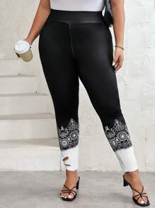 SHEIN LUNE Plus Floral Print Cut Out Leggings