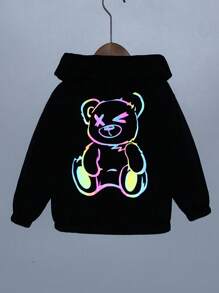 SHEIN Young Boy Reflective Bear Print Hooded Jacket - Black - View 1