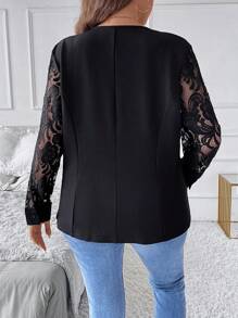 SHEIN Clasi Plus Contrast Lace Scallop Trim Open Front Blazer Graduation,Back To School,Teacher Outfits For Women - Black - View 2