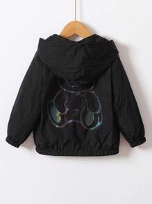 SHEIN Young Boy Reflective Bear Print Hooded Jacket - Black - View 2
