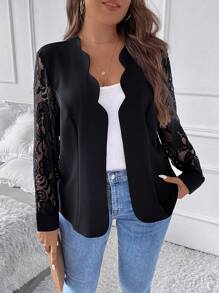 SHEIN Clasi Plus Contrast Lace Scallop Trim Open Front Blazer Graduation,Back To School,Teacher Outfits For Women - Black - View 3