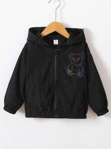 SHEIN Young Boy Reflective Bear Print Hooded Jacket - Black - View 3