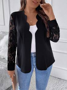 SHEIN Clasi Plus Contrast Lace Scallop Trim Open Front Blazer Graduation,Back To School,Teacher Outfits For Women - Black - View 4