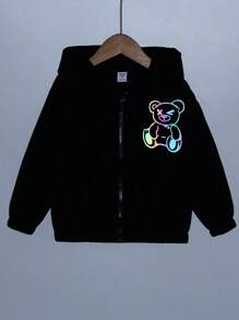 SHEIN Young Boy Reflective Bear Print Hooded Jacket - Black - View 7