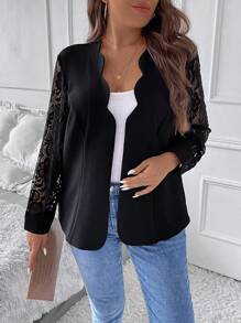 SHEIN Clasi Plus Contrast Lace Scallop Trim Open Front Blazer Graduation,Back To School,Teacher Outfits For Women - Black - View 6