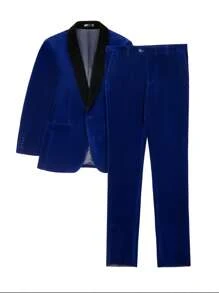 Men Suit Contrast Panel Shawl Collar Velvet Blazer Pants 2pcs Set Royal Blue Slim Fit Fashionable For Wedding Business Party Formal Occasion Size XS-XXXL Fall Winter Clothes Prom Party Christmas Eve Costumes For Men - Xanh đậm - Xem 3