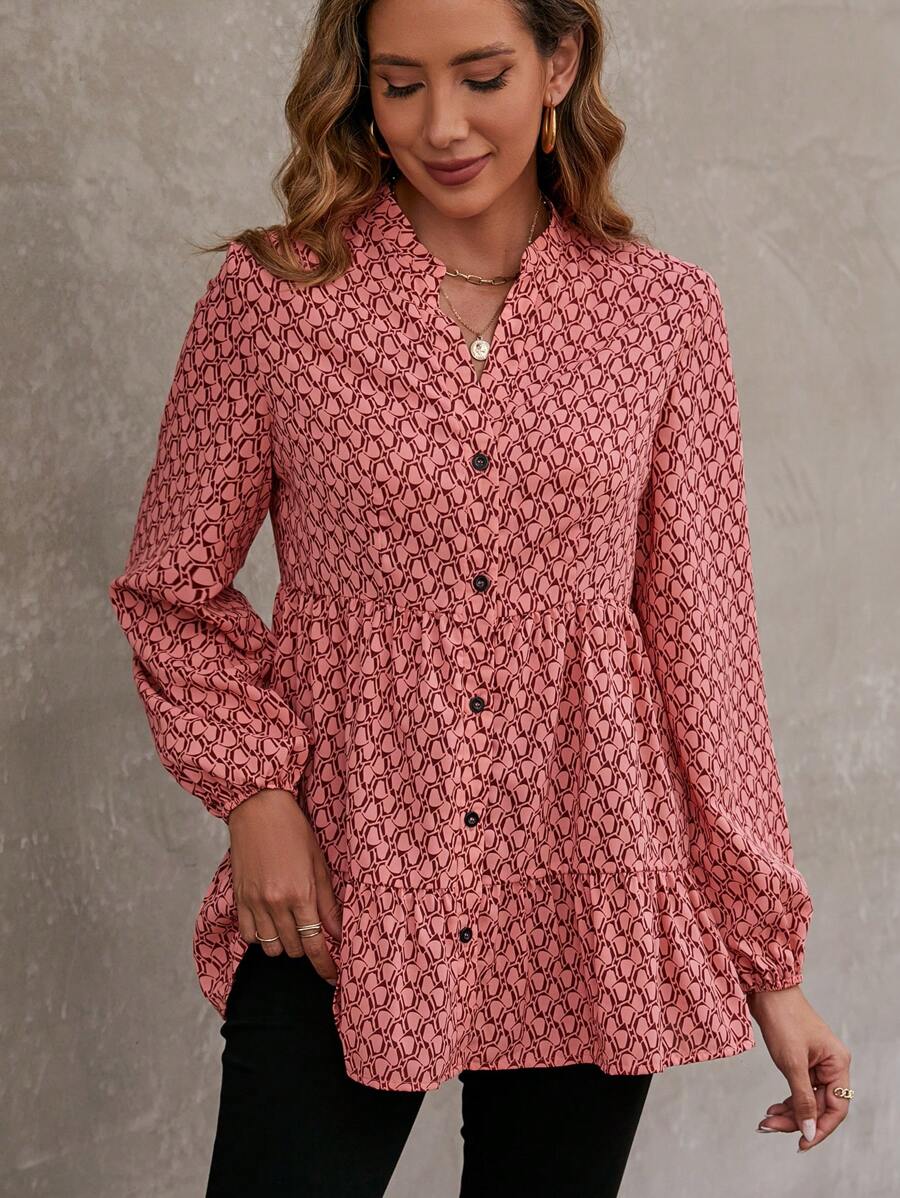 SHEIN LUNE Blusa con estampado de manga farol bajo con fruncido - Rosado Sandía - Ver 1