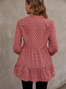 SHEIN LUNE Blusa con estampado de manga farol bajo con fruncido - Rosado Sandía - Ver 2