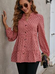 SHEIN LUNE Blusa con estampado de manga farol bajo con fruncido - Rosado Sandía - Ver 5