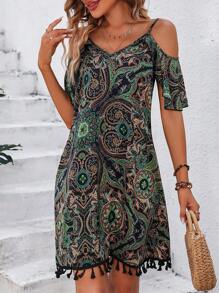Breezaya In hoa Paisley Vai lạnh Trang chí tua cờ Đầm - Nhiều màu - Xem 3