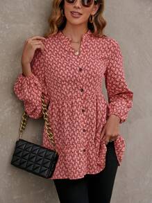 SHEIN LUNE Blusa con estampado de manga farol bajo con fruncido - Rosado Sandía - Ver 6