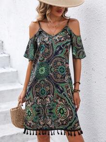 Breezaya In hoa Paisley Vai lạnh Trang chí tua cờ Đầm - Nhiều màu - Xem 5
