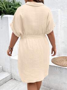 SHEIN Frenchy Hơn tay cánh Thắt lưng Váy sơ mi - Màu be - Xem 2