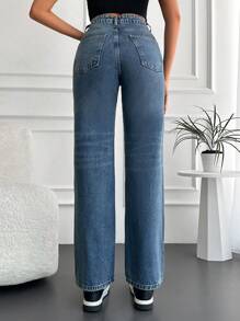 EURMUSE High Waist Ripped Straight Leg Jeans - Blue - View 2
