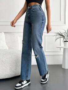 EURMUSE High Waist Ripped Straight Leg Jeans - Blue - View 3