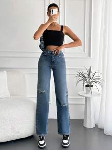 EURMUSE High Waist Ripped Straight Leg Jeans - Blue - View 5
