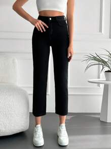 RueChic High Waist Straight Leg Jeans - Black - View 1