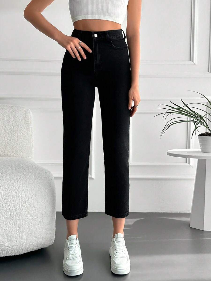 RueChic High Waist Straight Leg Jeans - Black - View 1