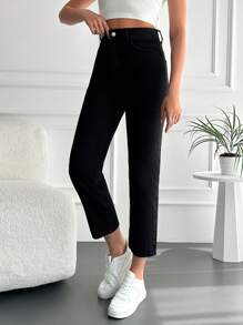 RueChic High Waist Straight Leg Jeans - Black - View 3
