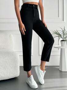RueChic High Waist Straight Leg Jeans - Black - View 4