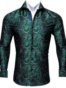 Men Floral Print Button Up Shirt - Dark Green - View 1