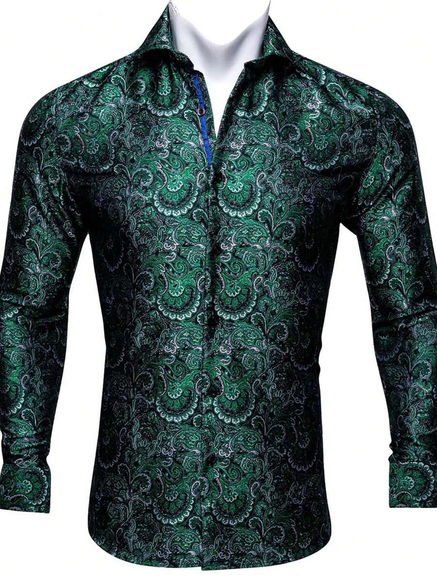 Men Floral Print Button Up Shirt - Dark Green - View 1