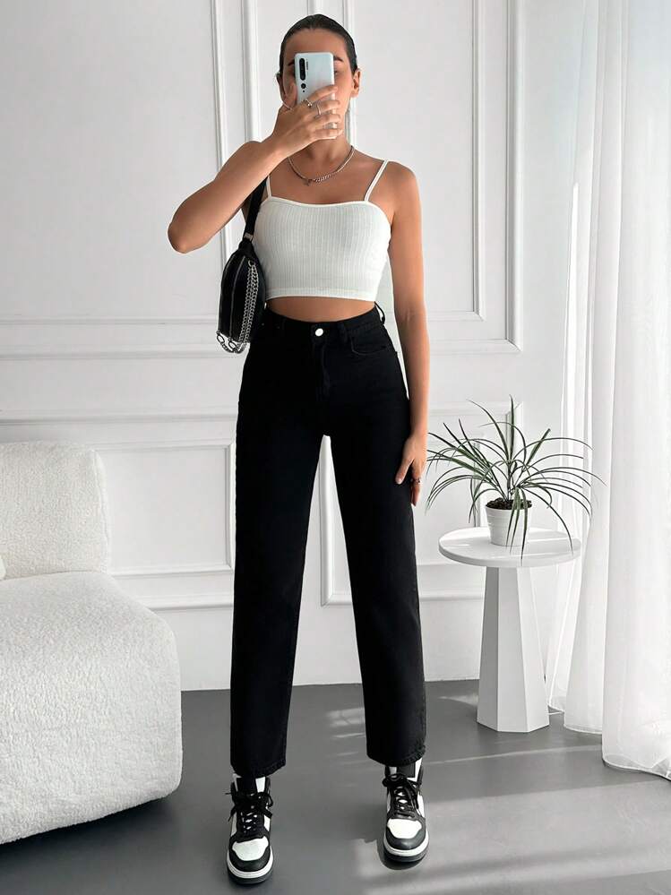 SHEIN Cottnline Hochbund Straight Leg Jeans - Schwarz - Übersicht 4