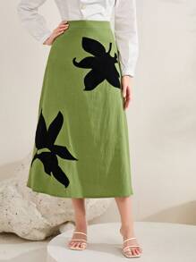 Modelyn Leaf Print High Waist Skirt - Green - View 4