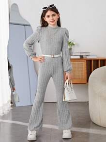 SHEIN Cô gái Tween Cổ giả Tay áo lồng đèn Gân đan Áo thun & Quần ống loe Không có thắt lưng - Màu Xám nhạt - Xem 1