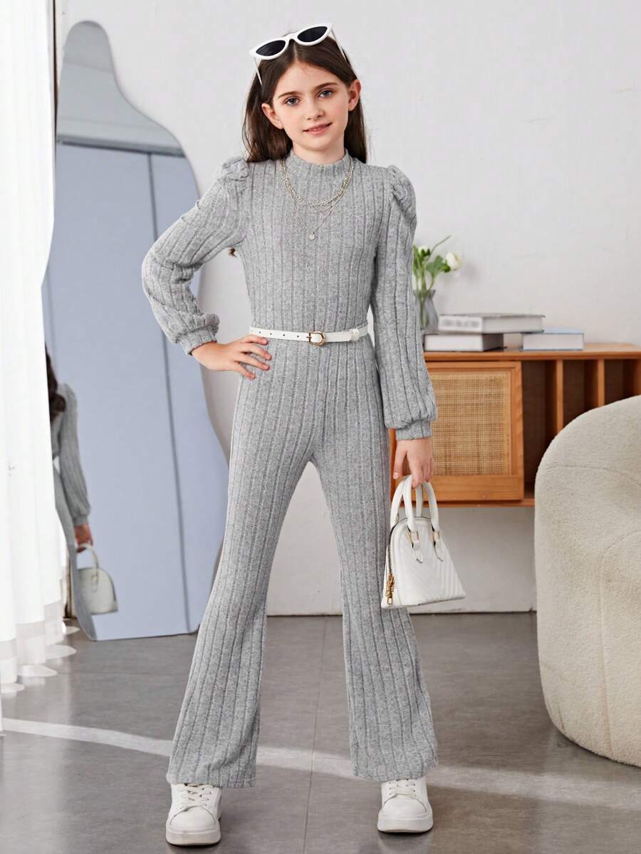 SHEIN Cô gái Tween Cổ giả Tay áo lồng đèn Gân đan Áo thun & Quần ống loe Không có thắt lưng - Màu Xám nhạt - Xem 1