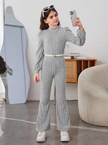 SHEIN Cô gái Tween Cổ giả Tay áo lồng đèn Gân đan Áo thun & Quần ống loe Không có thắt lưng - Màu Xám nhạt - Xem 3