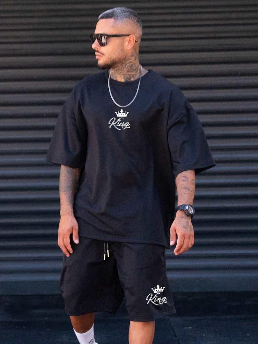 男士字母圖案落肩T恤&腰部抽繩短褲