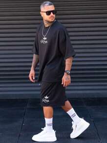 男士字母圖案落肩T恤&腰部抽繩短褲