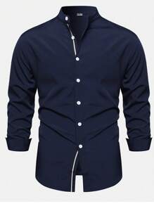 Men Button Front Shirt - Blue - View 3
