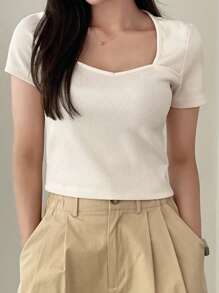 DAZY Square Neck Ribbed Knit Tee - Beige - View 8